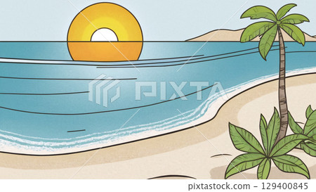 A stunningly beautiful beach sunset showcasing palm trees along with gentle ocean waves 129400845