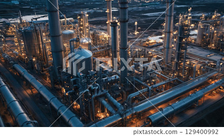An Aerial View of a Large Industrial Plant Showcasing Various Pipes and Tall Towers in Detail 129400992