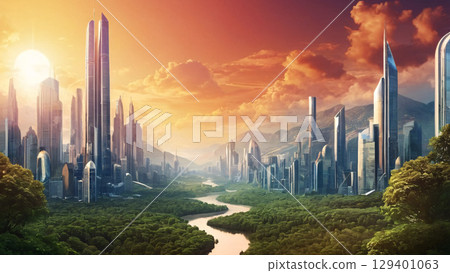 A stunning futuristic cityscape beautifully surrounded by lush green nature at sunset, A stunning futuristic cityscape beautifully surrounded by lush green nature at sunset, 129401063