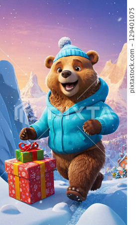 A Festive Bear joyfully presenting a Gift amidst a charming Winter Wonderland setting 129401075
