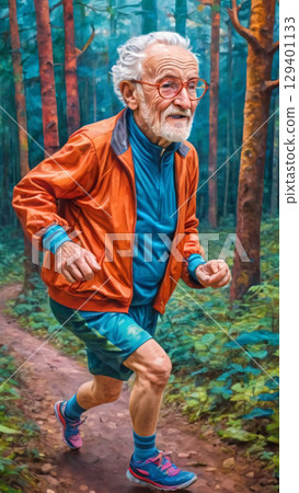 An elderly man runs through the forest.  129401133