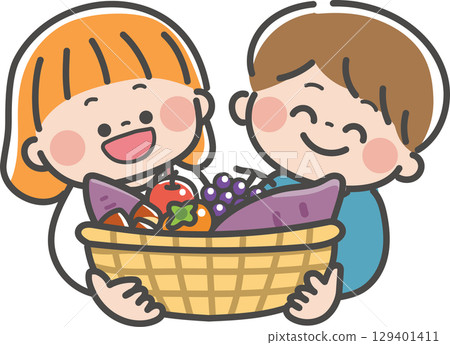 孩子們拿著裝滿秋季美食的籃子 129401411