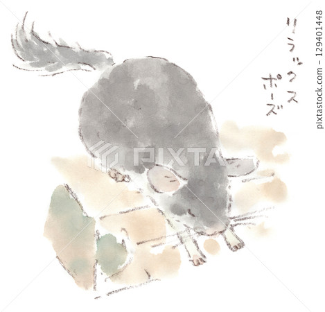 水彩畫描繪了一隻龍貓在睡覺，雙臂伸展，姿勢很奇怪（放鬆？） 129401448