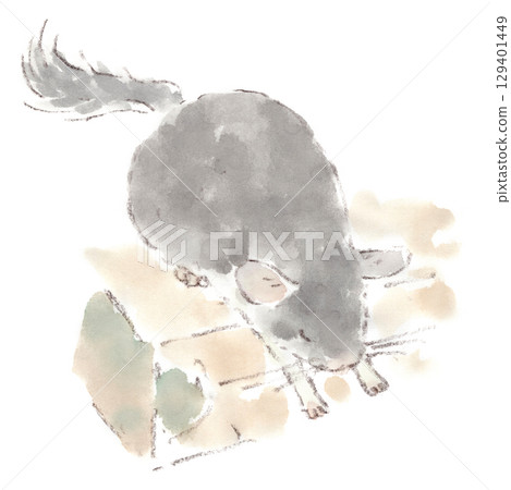 Watercolor illustration of a chinchilla sleeping with its arms stretched out in a strange pose (relaxed?) 129401449