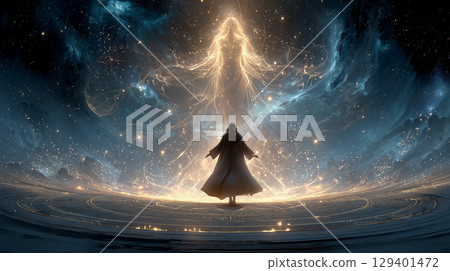 一位婦女仰望神聖能量光體的精神形象 129401472