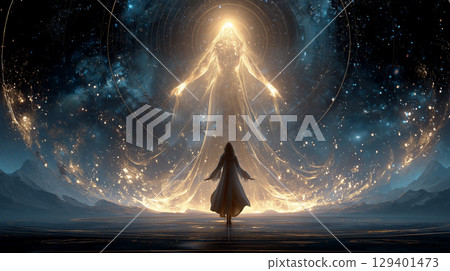 Fantasy scene of a woman confronting a cosmic light being 129401473