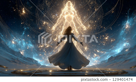 女神與銀河背景下閃耀女子的神秘邂逅 129401474