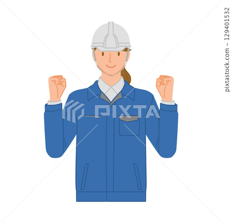Business image: Smiling young woman (work clothes and helmet): fist pump with both hands Business image: Smiling young woman (work clothes and helmet): fist pump with both hands 129401532