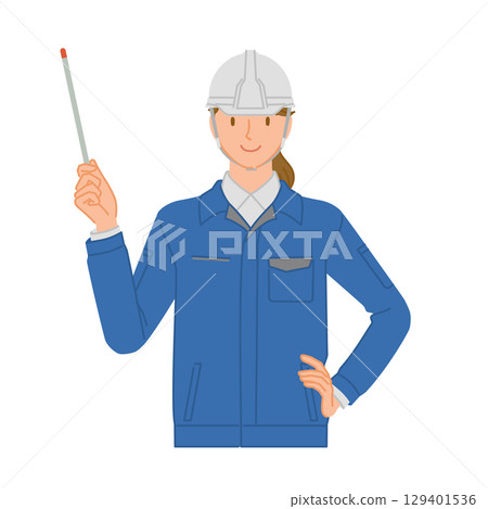 Business image: Smiling young woman (work clothes and helmet): holding a pointer 129401536