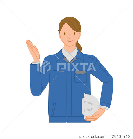 商業圖片：微笑的年輕女子（工作服和頭盔）：摘下頭盔並引導 129401540
