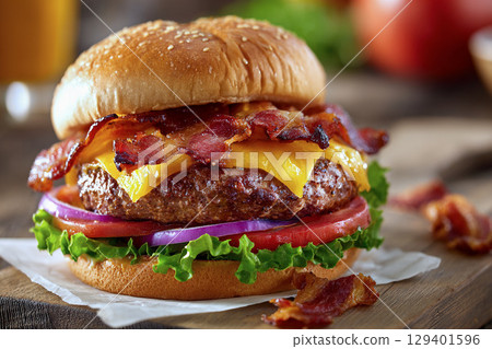 Delicious bacon cheeseburger 129401596