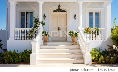 Stairs leading to the entrance of a white Western-style building - Generative AI 129401808