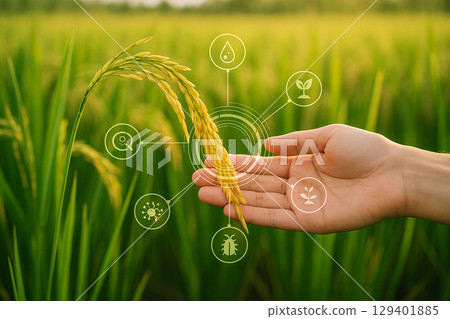 AI generated hand touching ripe rice with digital interface overlay in green field concept smart agriculture precision farming sustainability and human nature connection 129401885
