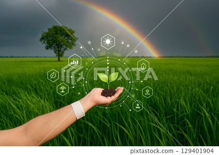 AI generated hand holding young plant in green field with digital smart farming icons rainbow and tree symbolizing sustainable agriculture future innovation hope and nature technology integration 129401904