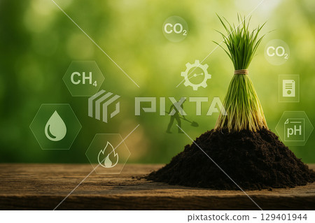 AI generated rice seedling stands on fertile soil with digital icons representing greenhouse gases environment data and human labor showing a balance between nature and technology AI generated rice seedling stands on fertile soil with digital icons representing greenhouse gases environment data and human labor showing a balance between nature and technology 129401944