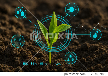 AI generated young green seedling growing from rich soil with futuristic digital overlay showing moisture light nutrient and pest data in smart farming precision agriculture context AI generated young green seedling growing from rich soil with futuristic digital overlay showing moisture light nutrient and pest data in smart farming precision agriculture context 129401983