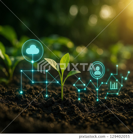 AI generated smart agriculture concept showing green seedling emerging from fertile soil with glowing holographic icons representing data driven sustainable farming and precision technology 129402055