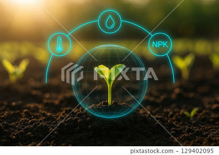 AI generated ultra realistic photo of a young green seedling emerging from moist soil surrounded by a transparent globe and glowing smart farming icons representing data driven agriculture AI generated ultra realistic photo of a young green seedling emerging from moist soil surrounded by a transparent globe and glowing smart farming icons representing data driven agriculture 129402095