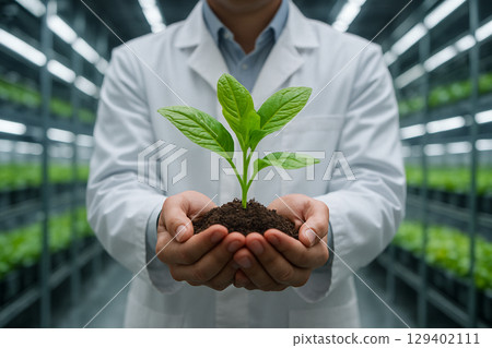 AI generated a young seedling held by a scientist in white coat inside a modern indoor farm showing care precision and technology in sustainable smart agriculture concept 129402111