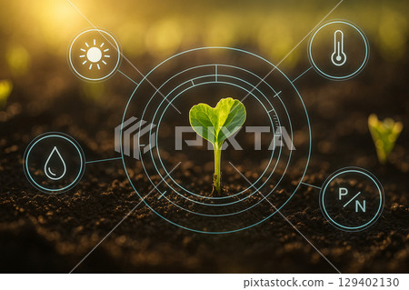 AI generated smart farming concept with young green seedling growing from fertile soil surrounded by digital HUD interface showing environment data in warm morning light 129402130