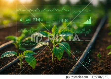AI generated green plants grow in moist soil with digital dashboard overlay showing precision farming data creating a sense of sustainability technology and smart agriculture harmony AI generated green plants grow in moist soil with digital dashboard overlay showing precision farming data creating a sense of sustainability technology and smart agriculture harmony 129402159