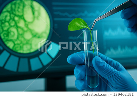 AI generated green leaf placed into test tube by gloved hands with digital biology interface in background representing precision science data integration and sustainable biotechnology 129402191