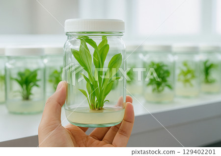 AI generated young plant growing inside a transparent glass bottle held by hand in clean lab environment showing growth and scientific precision with hopeful mood and sustainable vision 129402201