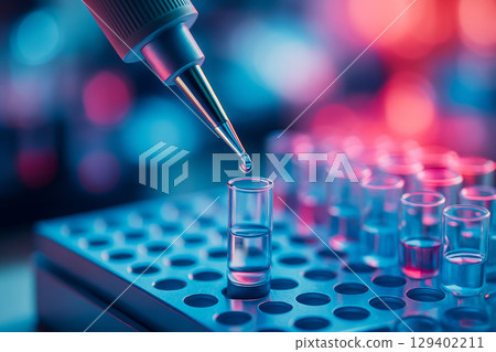AI generated high detail image of laboratory pipette releasing liquid into micro test tube showing precision control in modern biotechnology environment 129402211