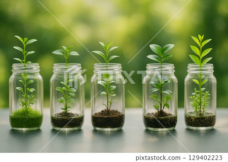 AI generated ultra realistic image of five clear glass jars aligned in a row each containing a unique seedling growing in different substrates with natural soft light and green blurred background 129402223