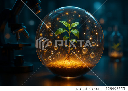 AI generated concept of young plant growing inside luminous glass sphere surrounded by energy lines and floating lights in futuristic laboratory environment with symbolic bio connection AI generated concept of young plant growing inside luminous glass sphere surrounded by energy lines and floating lights in futuristic laboratory environment with symbolic bio connection 129402255