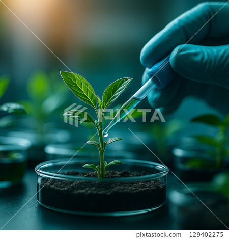 AI generated close up of gloved hand using pipette to nurture green seedling in petri dish symbolizing modern biology care growth and controlled agricultural science 129402275