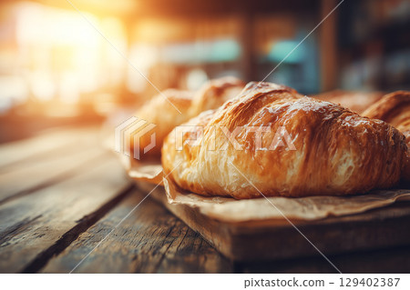 Freshly Baked Croissants on Rustic Wooden Table with Warm Morning Light 129402387