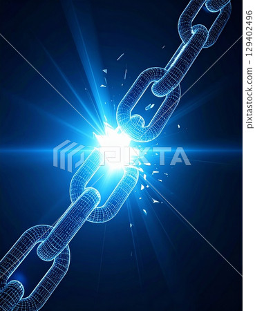 In the center of a dark background, a strong light emerges from the cross section of a torn chain. In the center of a dark background, a strong light emerges from the cross section of a torn chain. 129402496