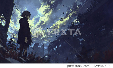 A ruined city and a lonely traveler 129402608