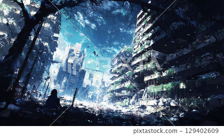 The remains of a futuristic city being swallowed by nature 129402609