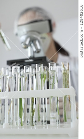 Close up of test tubes with a scientist analyzing plant samples in test tubes with a microscope, conducting research in a laboratory. Medicine, healthcare and science concept Close up of test tubes with a scientist analyzing plant samples in test tubes with a microscope, conducting research in a laboratory. Medicine, healthcare and science concept 129402616