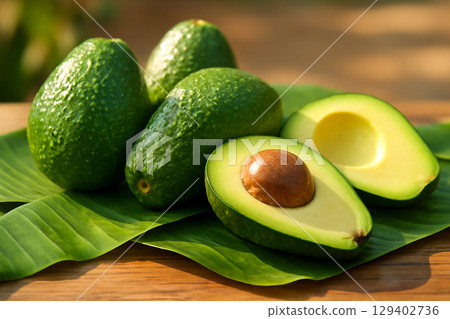 AI generated close-up of fresh avocados on banana leaves. Some avocados are whole, others are peeled showing creamy interior. The soft light and natural setting create a warm, tropical atmosphere. AI generated close-up of fresh avocados on banana leaves. Some avocados are whole, others are peeled showing creamy interior. The soft light and natural setting create a warm, tropical atmosphere. 129402736