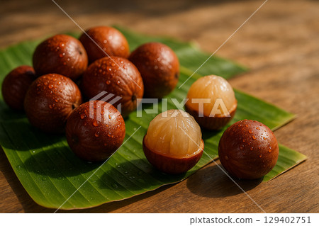 AI generated close up of fresh Luk Samrong fruits on banana leaves with water droplets in warm tropical light and soft blurred background for natural and organic concepts 129402751