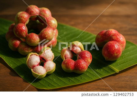 AI generated close up of fresh manila tamarind fruits on banana leaf with warm sunlight and soft shadows showcasing tropical freshness and natural beauty 129402753