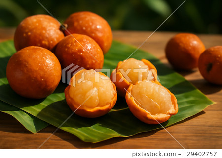 AI generated close-up shot of vibrant soap pod fruits on banana leaves. Some fruits are whole, while others are peeled to reveal juicy flesh. Sunlit tropical ambiance with soft shadows. AI generated close-up shot of vibrant soap pod fruits on banana leaves. Some fruits are whole, while others are peeled to reveal juicy flesh. Sunlit tropical ambiance with soft shadows. 129402757