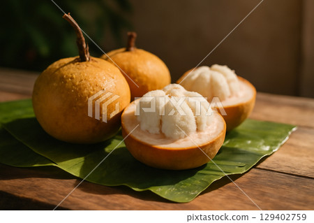 AI generated close-up of fresh santol fruits on a rustic wooden table. Whole and peeled fruits with juicy flesh, water droplets, and soft shadows capture a tropical feel with vibrant colors. 129402759
