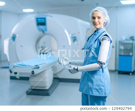 AI generated humanoid medical robot in technician uniform gesturing invitation in modern MRI scanning room with advanced medical imaging equipment 129402794