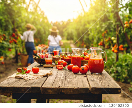 AI generated rustic wooden table with glass jug of blended tomato juice, sliced tomatoes, and whole fresh tomatoes against backdrop of sunlit tomato farm with harvesters at work AI generated rustic wooden table with glass jug of blended tomato juice, sliced tomatoes, and whole fresh tomatoes against backdrop of sunlit tomato farm with harvesters at work 129402800