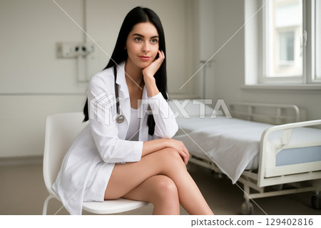AI generated portrait of a young African woman in a white lab coat sitting confidently in a hospital room. She exudes professionalism with a soft natural glow, showcasing calm and approachability. 129402816