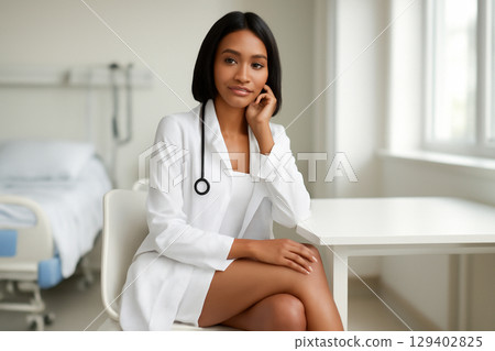 AI generated portrait of a young Latina female doctor sitting in a bright hospital room. She exudes confidence and warmth, embodying professionalism and approachability. The soft natural light 129402825