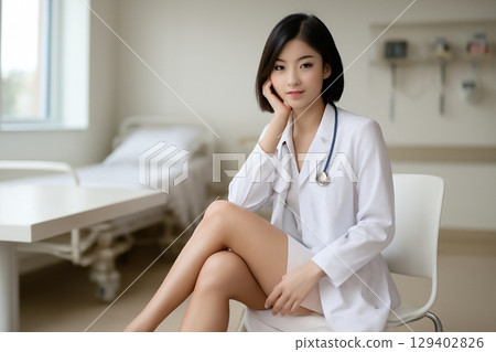 AI generated portrait of a young African American woman dressed in a medical coat, seated in a hospital room with a warm, professional expression. She embodies calm and confidence 129402826