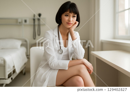 AI generated image of a young female doctor sitting in a modern hospital office. She exudes professionalism and calm with a soft smile, dressed in a white lab coat and surrounded by a bright AI generated image of a young female doctor sitting in a modern hospital office. She exudes professionalism and calm with a soft smile, dressed in a white lab coat and surrounded by a bright 129402827