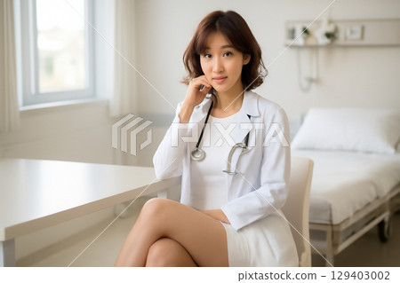 AI generated a professional portrait of an Asian female doctor in a hospital. She sits confidently in a clean, modern setting wearing a white lab coat and a serene expression, conveying 129403002