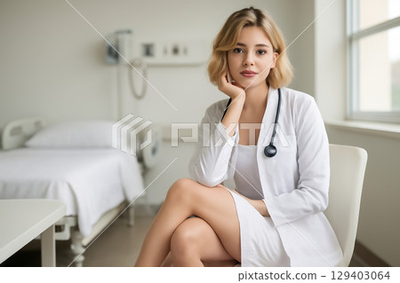 AI generated image of a young female doctor with a warm smile sitting in a hospital room. She is wearing a white lab coat and dress, exuding confidence and professionalism in a modern medical setting. AI generated image of a young female doctor with a warm smile sitting in a hospital room. She is wearing a white lab coat and dress, exuding confidence and professionalism in a modern medical setting. 129403064