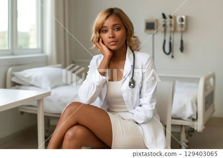 AI generated image of a young African doctor with wavy blonde hair in a white lab coat sitting in a hospital room. The clean, bright setting emphasizes her professional yet approachable demeanor. AI generated image of a young African doctor with wavy blonde hair in a white lab coat sitting in a hospital room. The clean, bright setting emphasizes her professional yet approachable demeanor. 129403065